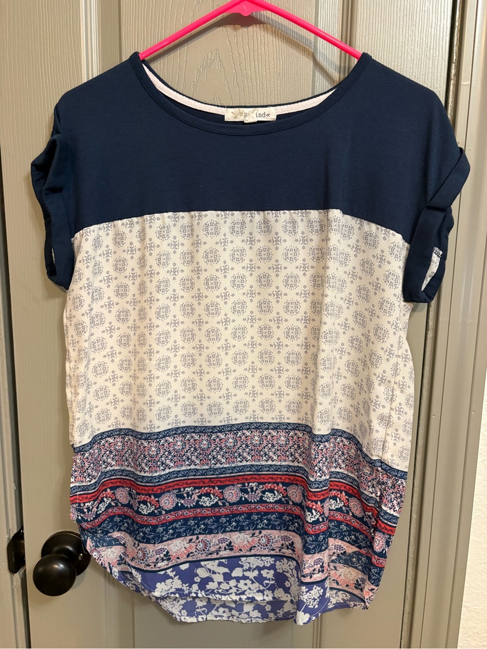 Rewind Navy, White and Pink Printed Short Sleeve Blouse